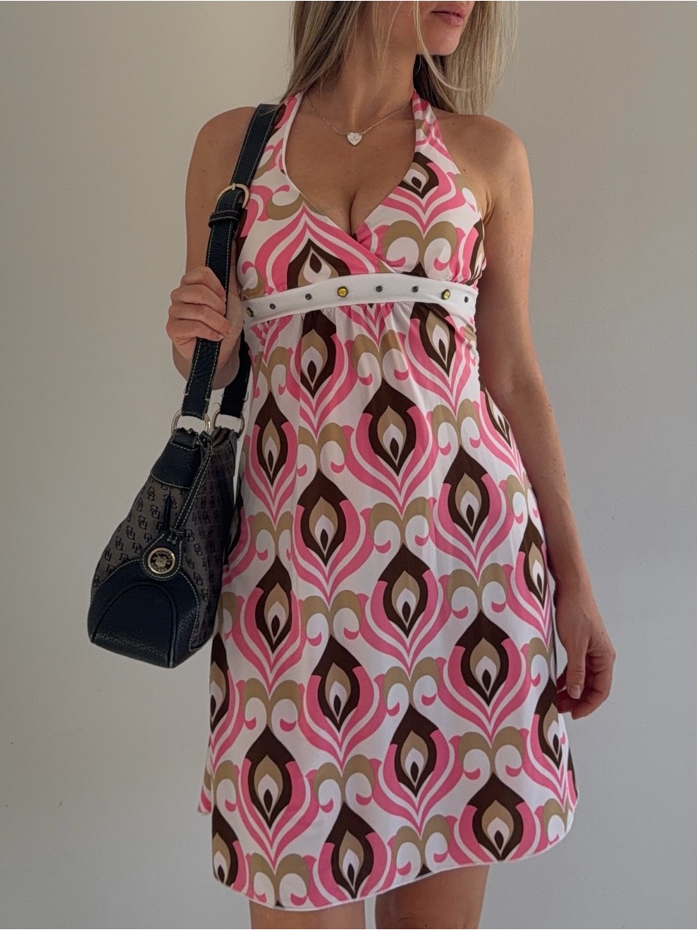 Y2K VTG Paisley Halter Mini Dress XS Standard USA Open Back Retro Pink Summer